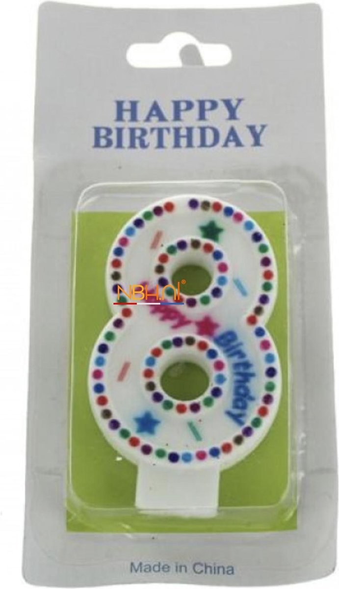 Taartkaars - cijfer 8 - Happy Birthday - Verjaardag kaars