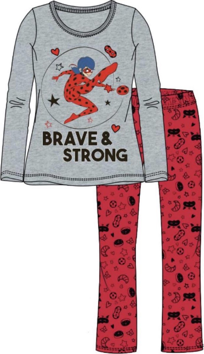Miraculous ladybug - Pyjama - grijs - rood - maat 128 / 8 jaar