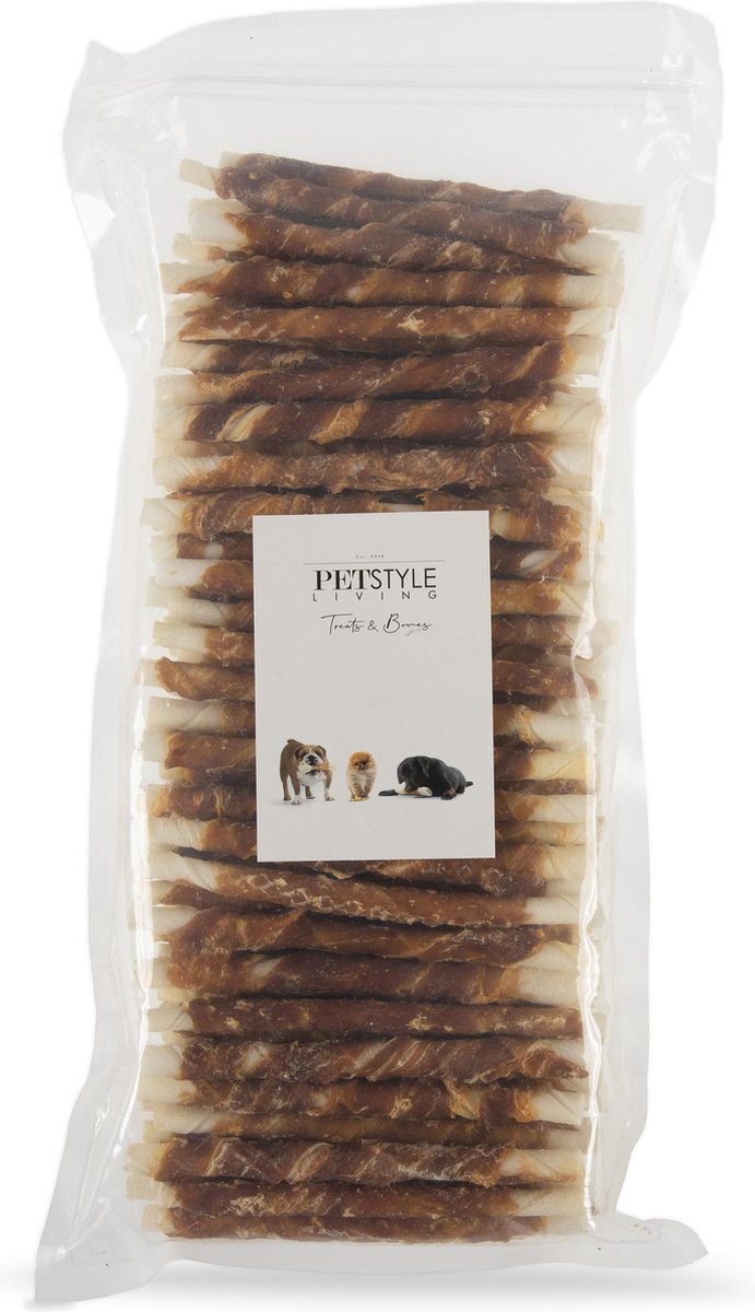 Petstyleliving - Gedraaide sticks met eend - Voordeelzak 100 stuks  - Hondensnack