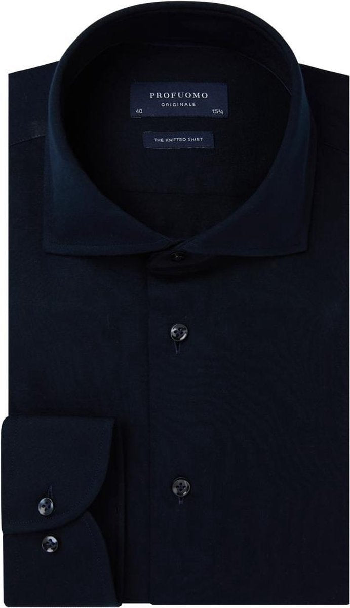 Profuomo Slim Fit jersey overhemd - navy melange knitted shirt - Strijkvrij - Boordmaat: 44