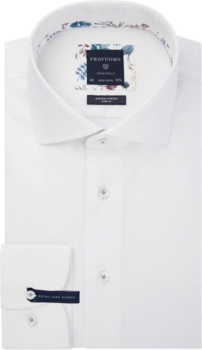 Profuomo Slim Fit mouwlengte 7 overhemd - wit twill - Strijkvrij - Boordmaat: 38