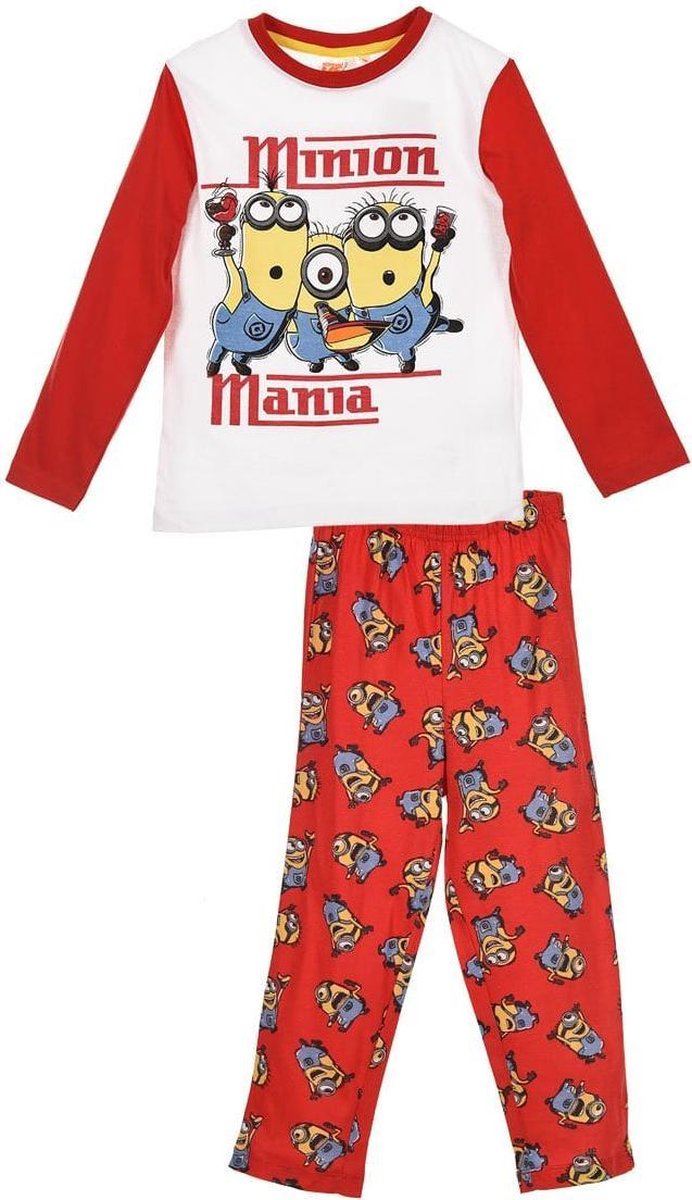 Minions - 2-delige Pyjama-set - Model "Minions Mania" - Rood / Wit - 128 cm - 8 jaar