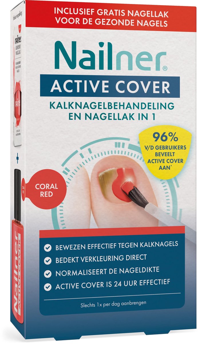 Nailner Active Cover Coral Red. Kalknagelbehandeling en nagellak in 1. Plus 1 gratis ademende nagellak voor gezonde nagels.