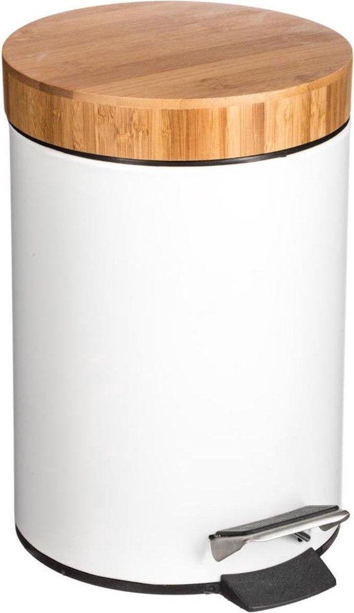 Stijlvolle prullenbak – Wit / hout – Klein formaat - 3L - badkamer / wc / keuken / kantoor prullenbak