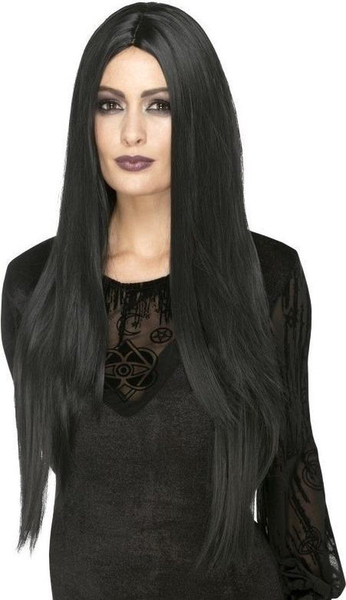 Zwarte lange luxe heksen/gothic pruik voor dames