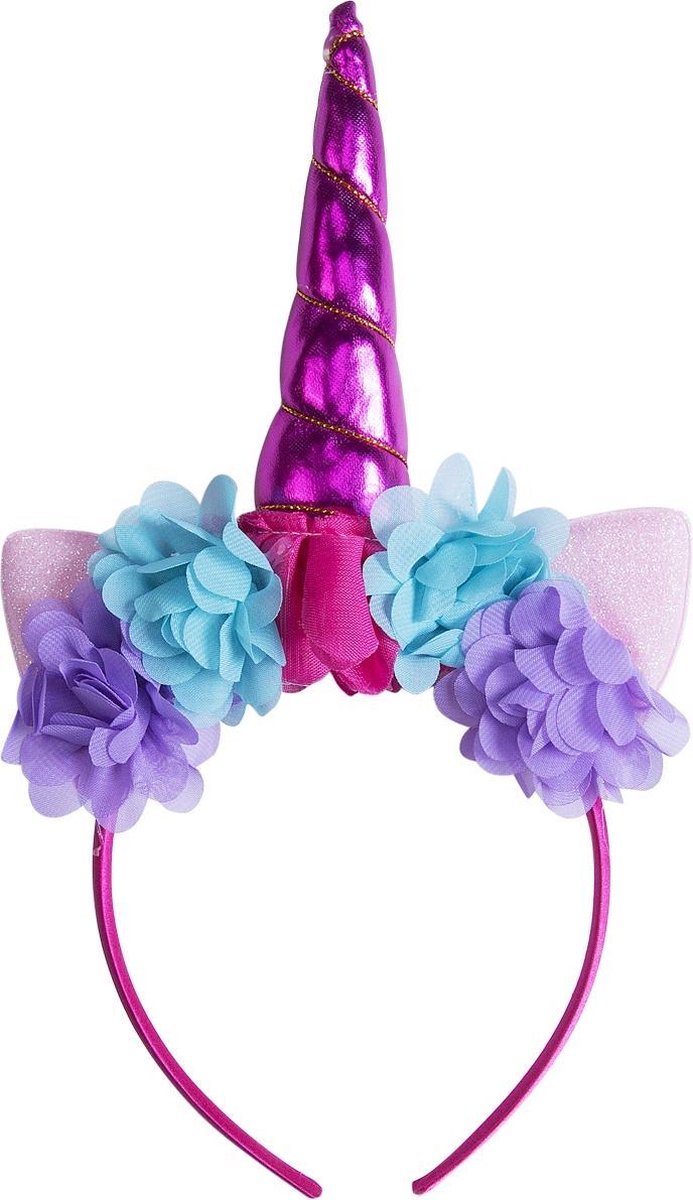 Eenhoorn haarband roze unicorn diadeem met oortjes en bloemetjes - pink hoorn glitter - bloemen paars blauw roze festival