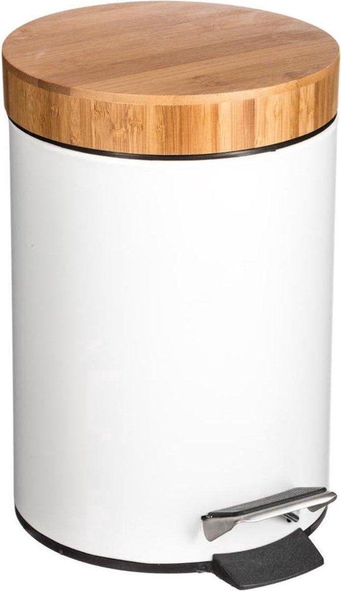 Stijlvolle prullenbak – Wit / hout – Klein formaat - 3L - badkamer / wc / keuken / kantoor prullenbak