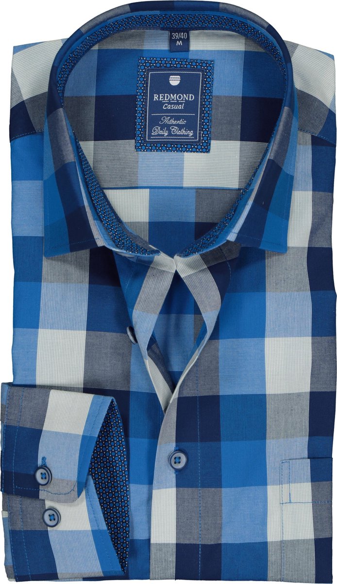 Redmond heren overhemd Regular Fit - blauw geruit (contrast) - Strijkvriendelijk - Boordmaat: 41/42