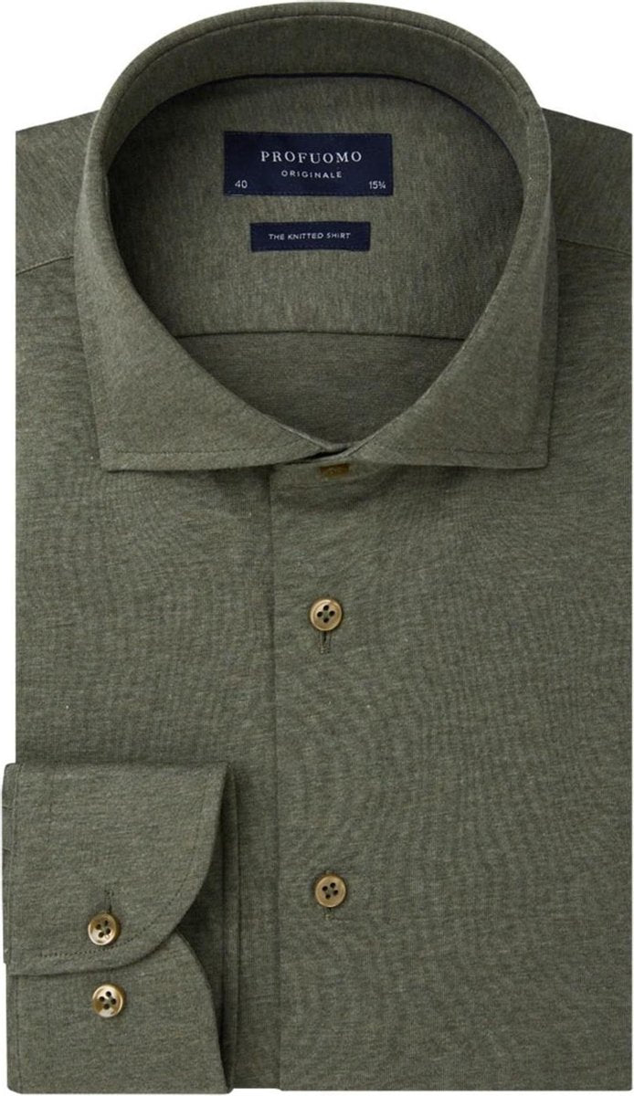 Profuomo Originale slim fit jersey overhemd - knitted shirt - army groen melange - Strijkvrij - Boordmaat: 37