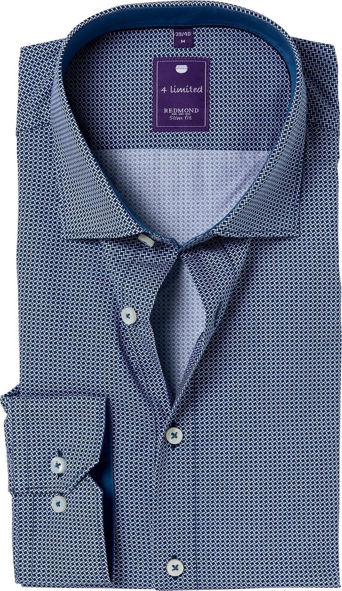 Redmond slim fit overhemd - blauw dessin (contrast) - Strijkvriendelijk - Boordmaat: 43/44