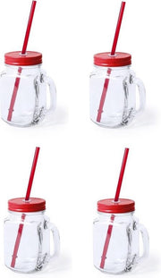6x stuks Glazen Mason Jar drinkbekers rode dop en rietje 500 ml - afsluitbaar/niet lekken/fruit shakes