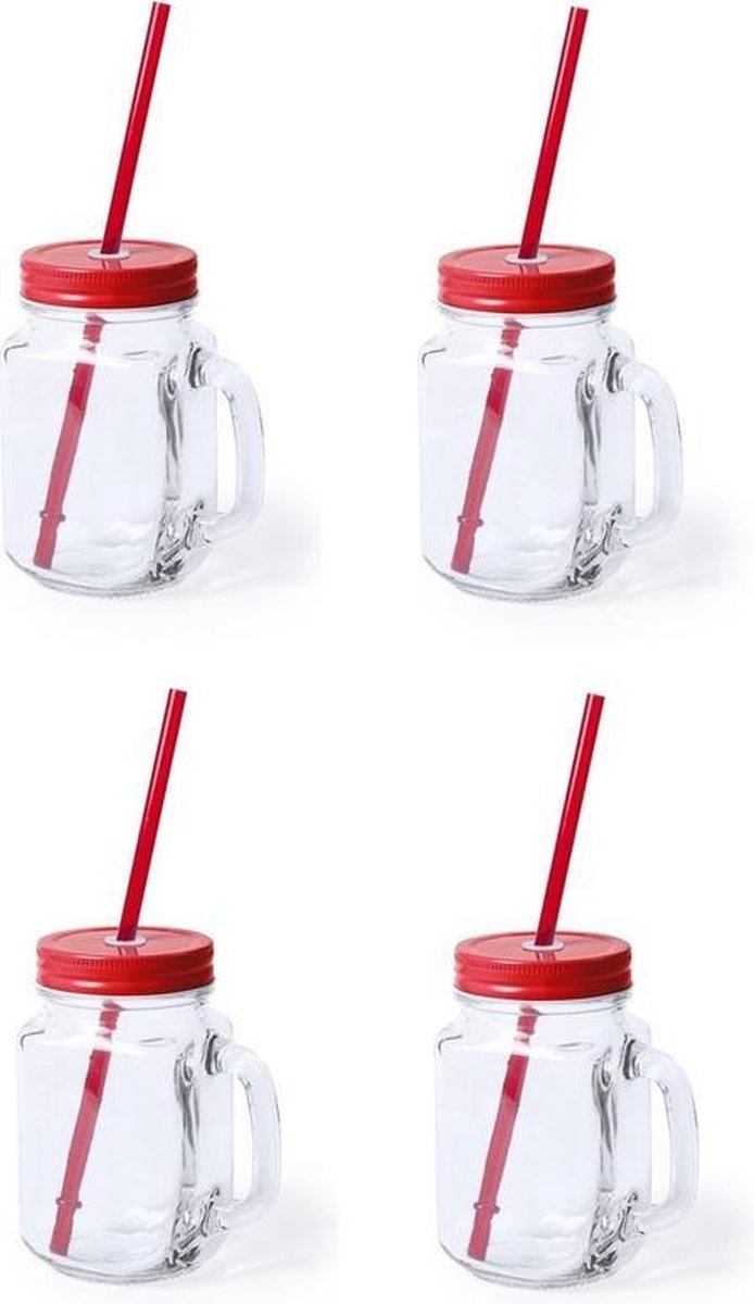 6x stuks Glazen Mason Jar drinkbekers rode dop en rietje 500 ml - afsluitbaar/niet lekken/fruit shakes