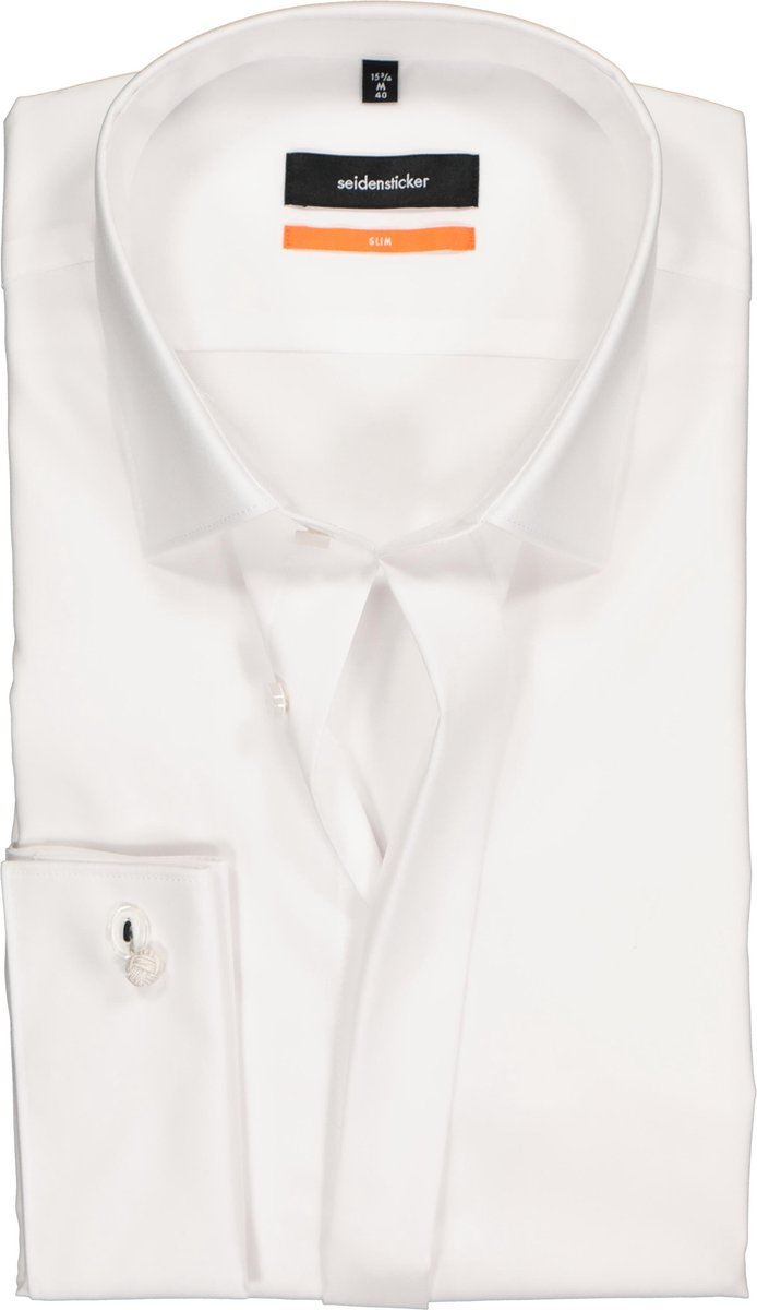 Seidensticker slim fit overhemd - dubbele manchet Kent kraag - wit - Strijkvrij - Boordmaat: 37