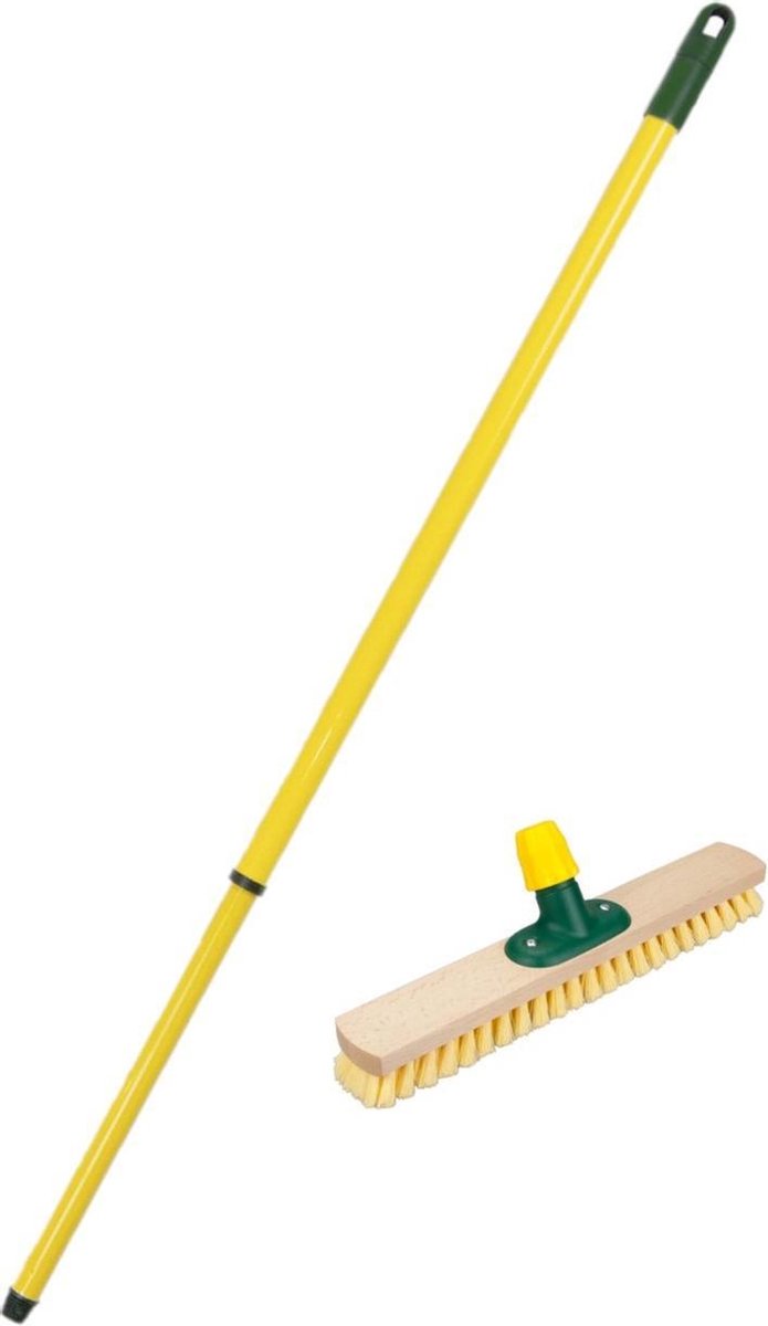 Houten schrobborstel/schrobber geel/groen inclusief metalen telescoopsteel 130 cm - Schoonmaakborstels