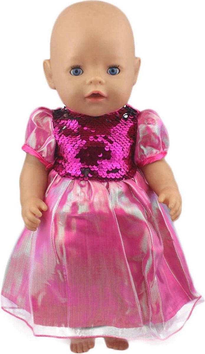 Dolldreams poppenkleding - Roze Poppenjurkje - Feestjurkje Pop - Omkeerbare Pailletten op jurk