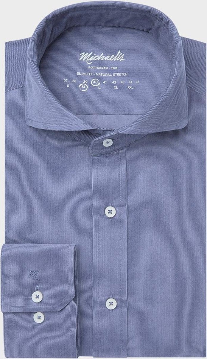 Michaelis Heren Overhemd Blauw Corduroy Extra Cutaway Slim Fit - 39