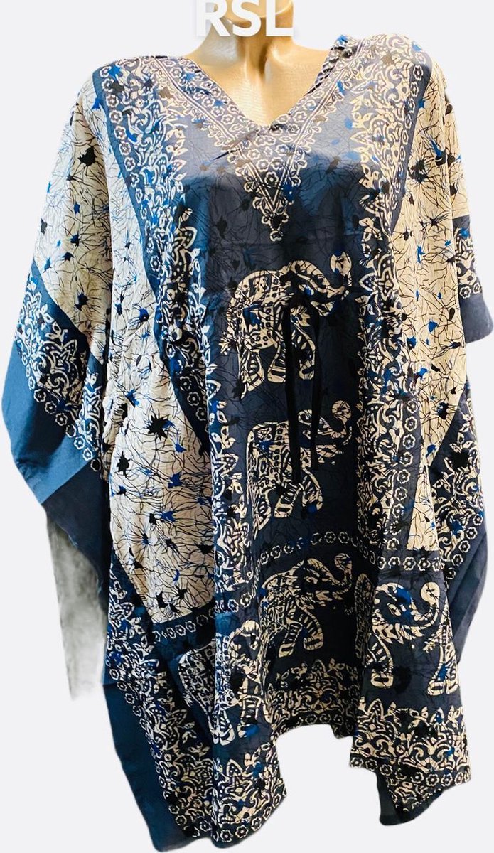 Dames kaftan/tuniek met olifantenprint onesize 36-50 donkerblauw/wit