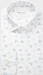 Michaelis Overhemd Wit Scooter Print Kent Single Cuff ML7 Slim Fit - 38