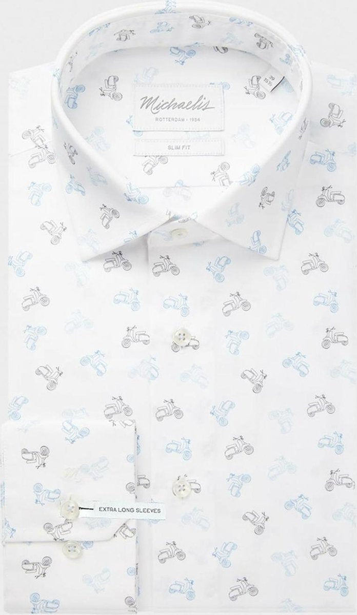 Michaelis Overhemd Wit Scooter Print Kent Single Cuff ML7 Slim Fit - 38