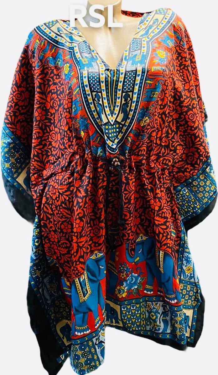 Dames kaftan/tuniek met bloemen/olifantenprint onesize 36-50 rood/blauw