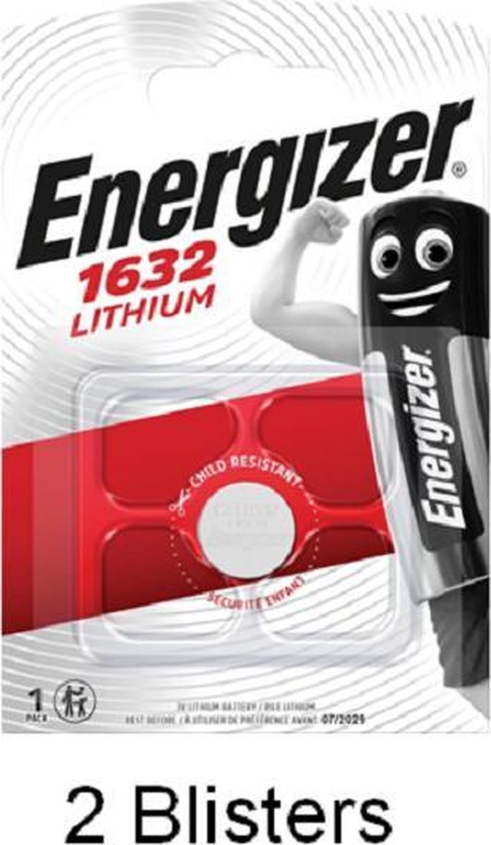 2 stuks (2 blisters a 1 stuk) Energizer CR1632 Lithium Knoopcel 3V