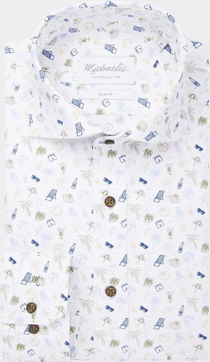 Michaelis Heren Overhemd Wit Met Zomerse Print Slim Fit - 40