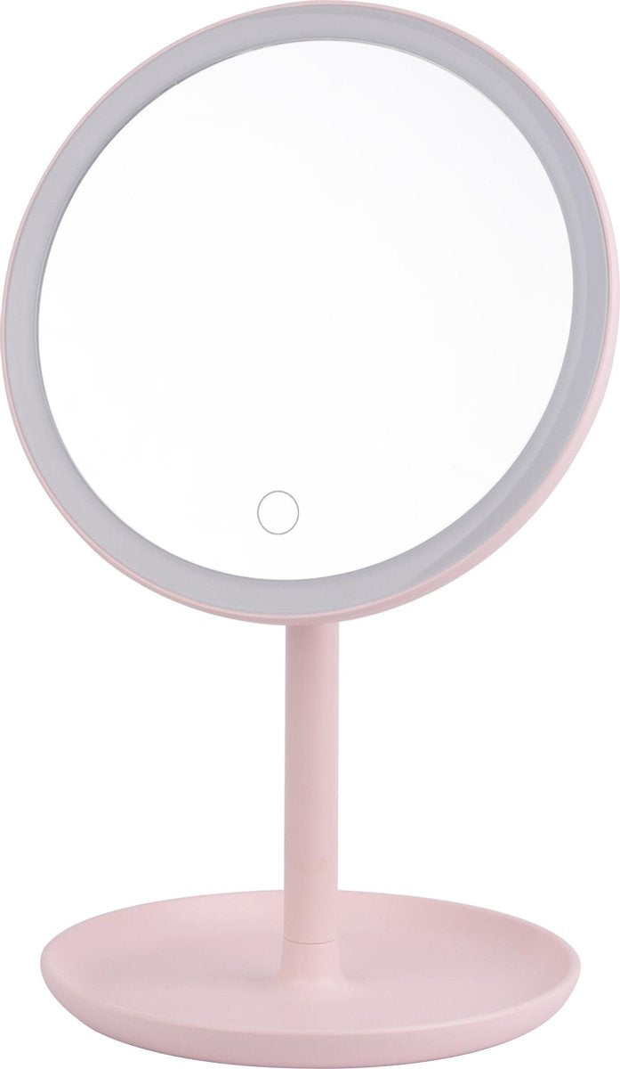 FlinQ Draadloze Design Make-up Spiegel - Oplaadbaar - Drie lichtstanden - Roze - Ronde Make-up Spiegel