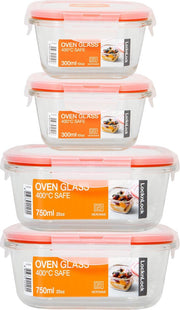 Lock&Lock Ovenschalen met deksel | Glazen vershoudbakjes - Set van 4 stuks - Vierkant - 300ml + 750ml