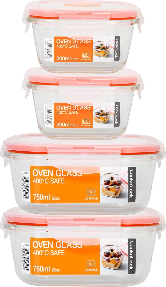 Lock&Lock Ovenschalen met deksel | Glazen vershoudbakjes - Set van 4 stuks - Vierkant - 300ml + 750ml