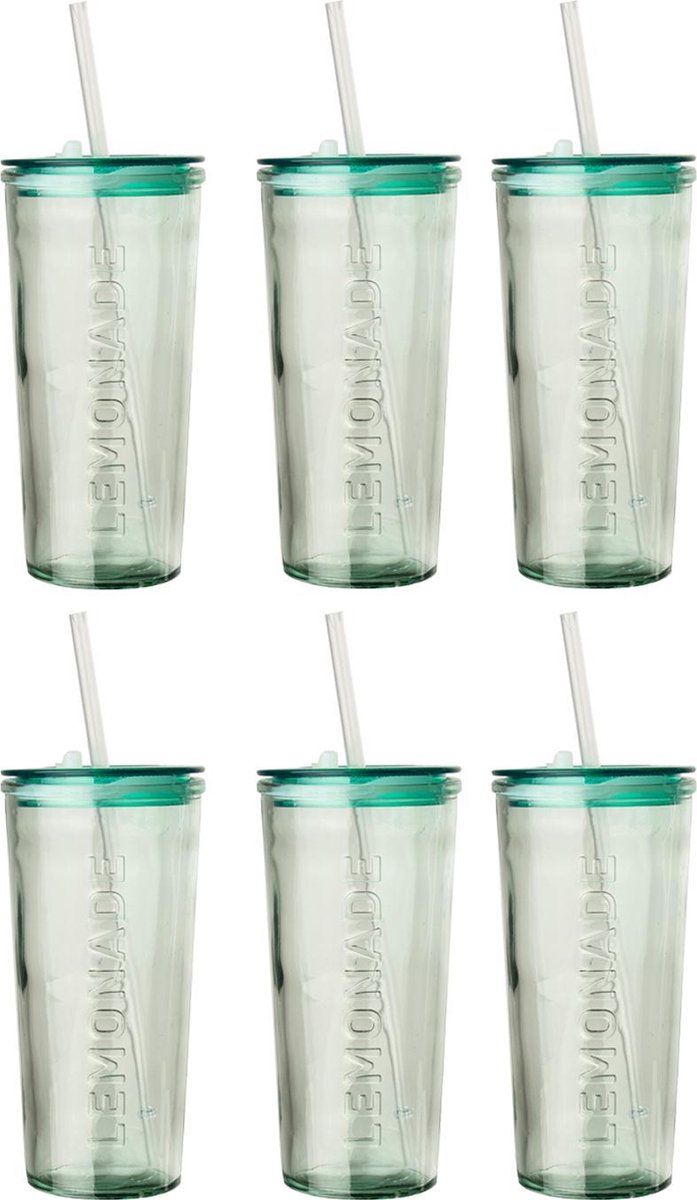 Glas met rietje Groen 550ml 'In a Jar' - set 6 stuks
