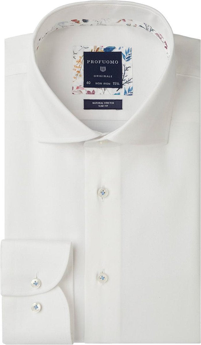 Profuomo Slim Fit  overhemd - wit twill - Strijkvrij - Boordmaat: 39