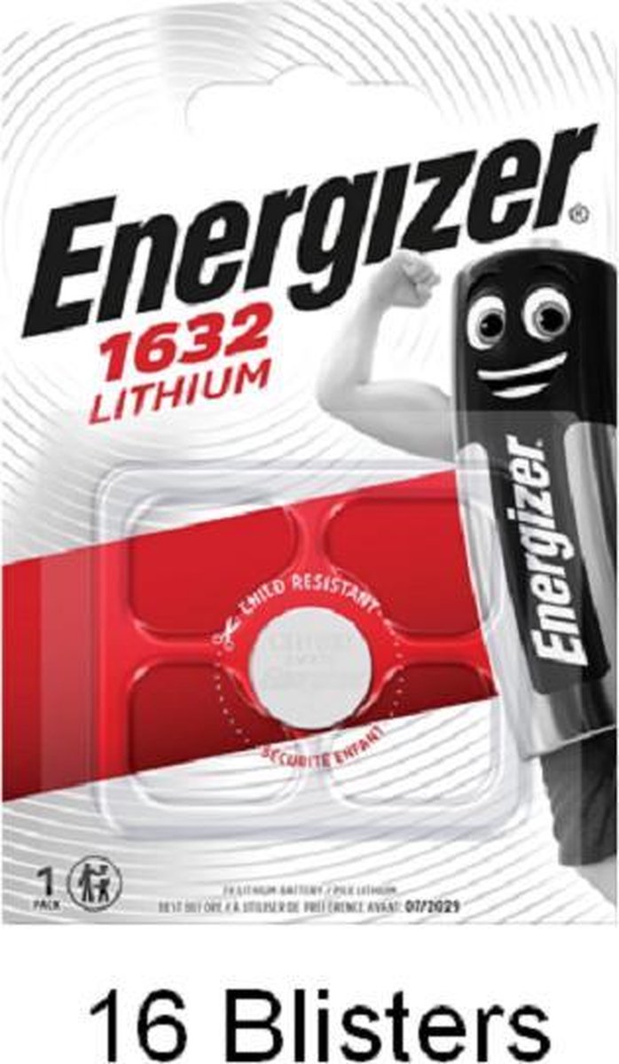 16 stuks (16 blisters a 1 stuk) Energizer CR1632 Lithium Knoopcel 3V