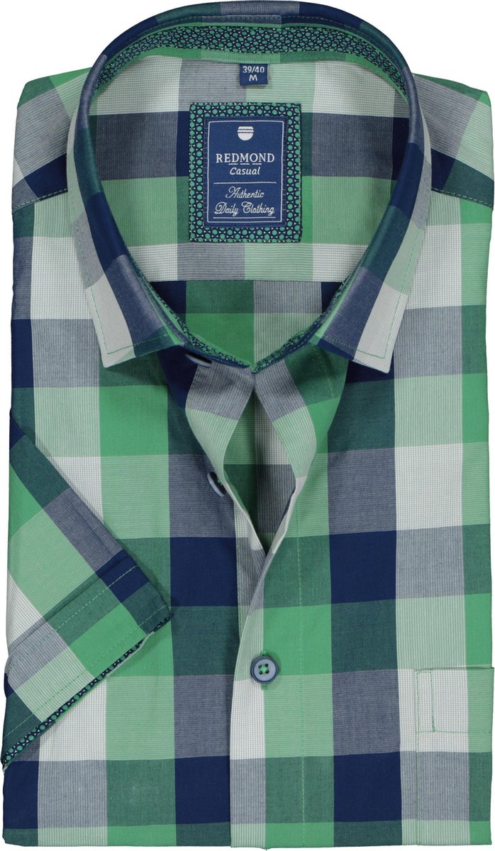 Redmond heren overhemd Regular Fit - korte mouw - groen met blauw geruit (contrast) - Strijkvriendelijk - Boordmaat: 43/44