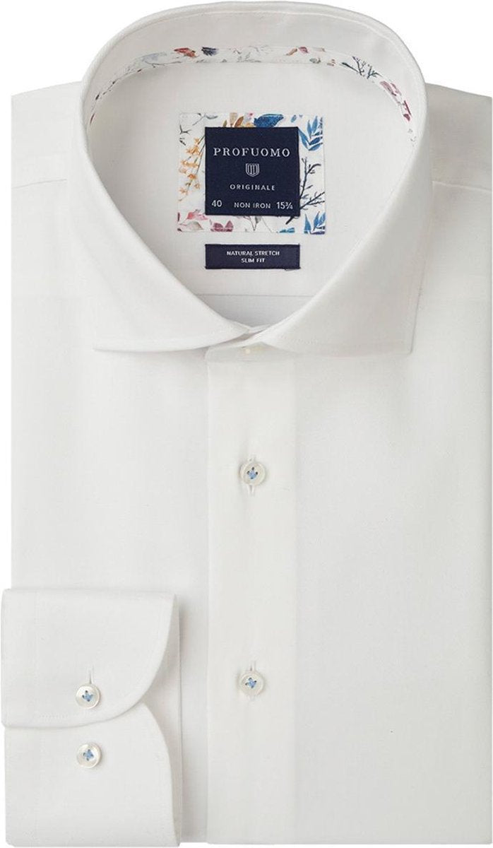 Profuomo Slim Fit  overhemd - wit twill - Strijkvrij - Boordmaat: 41