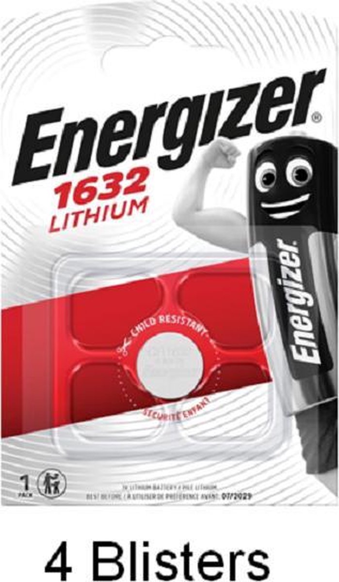 4 stuks (4 blisters a 1 stuk) Energizer CR1632 Lithium Knoopcel 3V