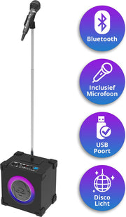 iDance CUBESTAGE Karaoke Set – Bluetooth Party Speaker met Uitschuifbare Microfoonstandaard – Voor Volwassenen en Kinderen – Inclusief Microfoon