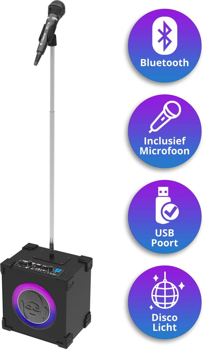 iDance CUBESTAGE Karaoke Set – Bluetooth Party Speaker met Uitschuifbare Microfoonstandaard – Voor Volwassenen en Kinderen – Inclusief Microfoon