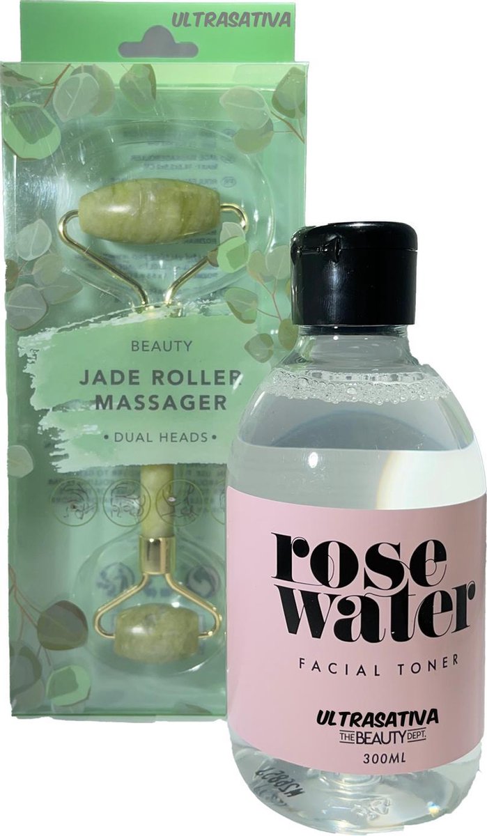 Ultrasativa Jade Roller & Rose Water - Gezichtsroller - Face Roller - Quartz Roller - Massage Roller - Gezicht Roller - Anti Aging - Anti Rimpel - Dual Heads - Gezichtsroller -