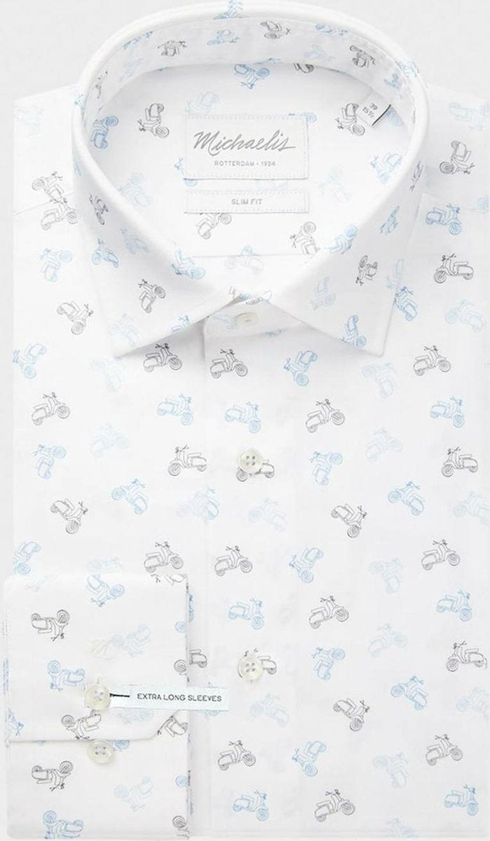 Michaelis Overhemd Wit Scooter Print Kent Single Cuff ML7 Slim Fit - 43