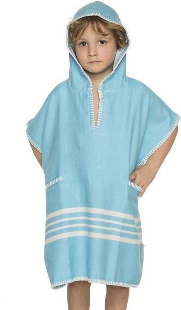 Kinder Strandponcho Hamam Turquoise - Leeftijd 2-3 Jaar - Jongens/meisjes/unisex Pasvorm - Poncho Handdoek Voor Kinderen Met Capuchon - Zwemponcho - Badcape