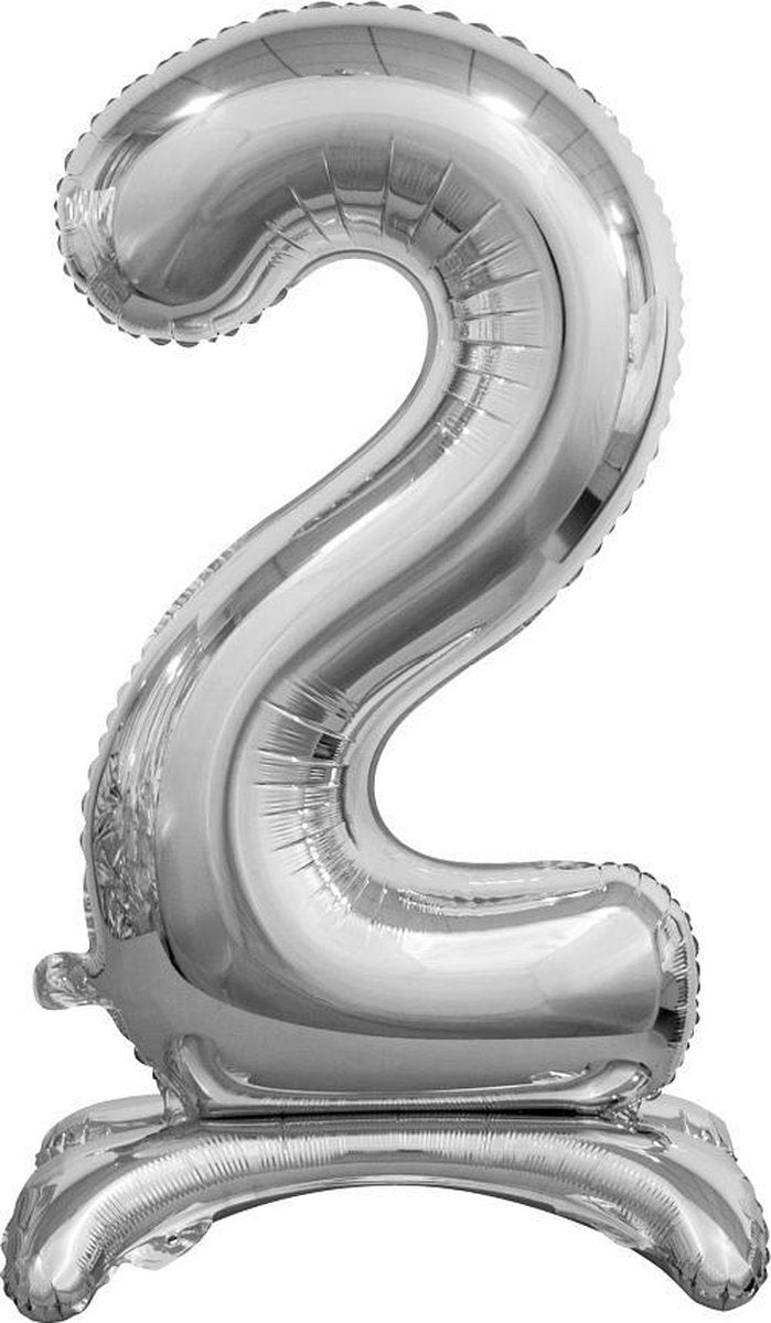 Folie ballon cijfer 2 zilver - met standaard - 76 cm