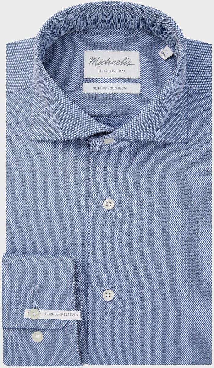 Effen blauw Michaelis dobby shirt | extra mouwlengte-boordmaat: 37