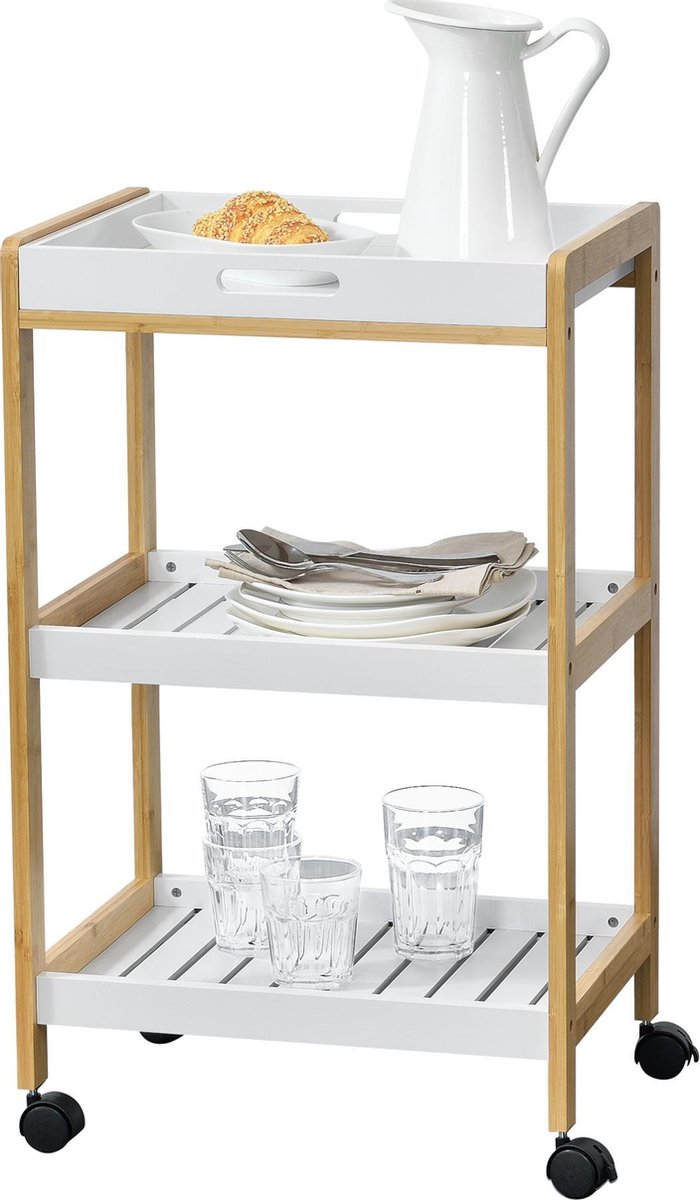 Keukentrolley Lugano met 3 planken 75x46x35 cm hout en wit