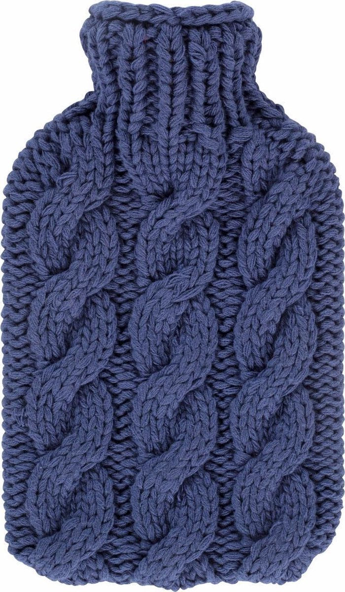 Kruik met gebreide kabel hoes blauw 2 liter - warmwaterkruiken