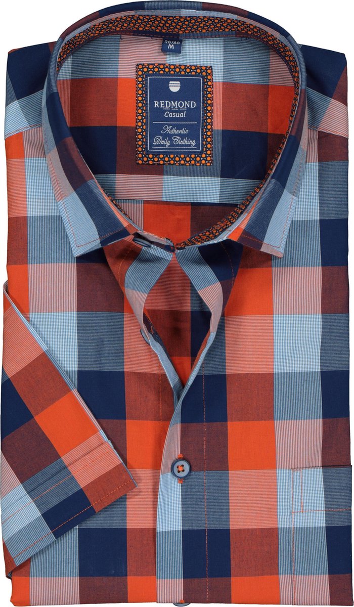 Redmond heren overhemd Regular Fit - korte mouw - oranje met blauw geruit (contrast) - Strijkvriendelijk - Boordmaat: 41/42