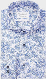 Michaelis Slim Fit overhemd - blauw met wit bloemen dessin - boordmaat 40
