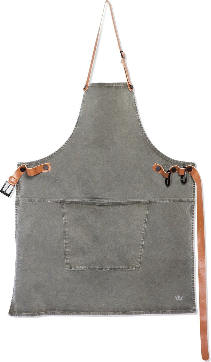 Dutchdeluxes - Canvas BBQ Schort met Lederen Banden - Grijs/Groen