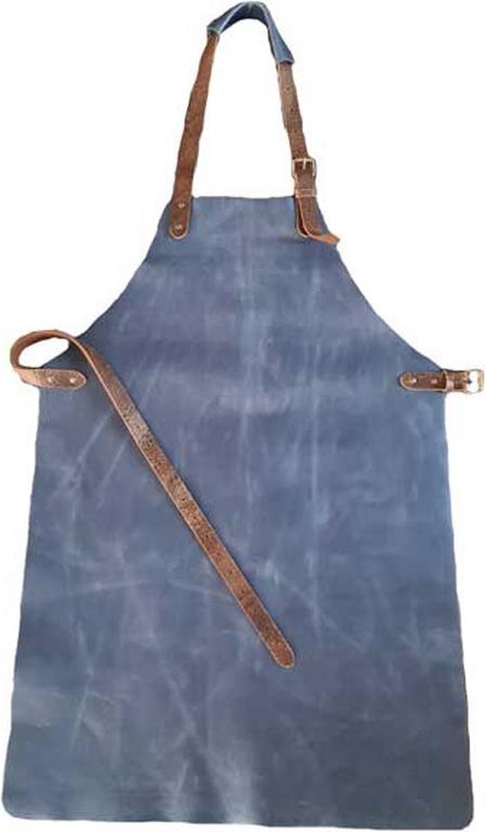 Leren BBQ schort blauw gepersonaliseerd met naam