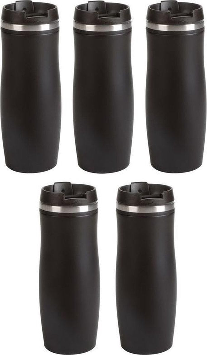 5x Thermosbekers/warmhoudbekers zwart 400 ml - Thermo koffie/thee isoleerbekers dubbelwandig met schroefdop