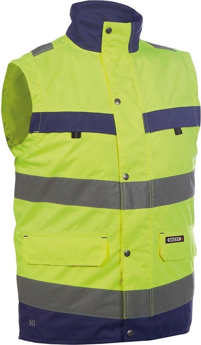 Dassy Bilbao Hoge zichtbaarheidsbodywarmer Geel/Marineblauw maat XS